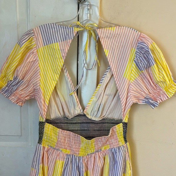 Urban Outfitters Liliana Side Slit Midi Dress Puff Sleeve patchwork striped Sz M - Picture 8 of 16